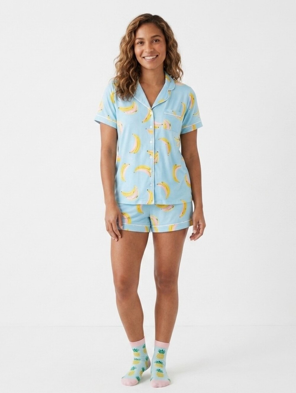 Kate Spade New York Banana Print Pajama Set Short Sleeve Shorts Blue Knit Large